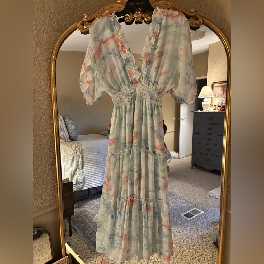 Storia Watercolor Pastel Tiered Ruffle Midi Dress V-Neck Cottagecore Size Small